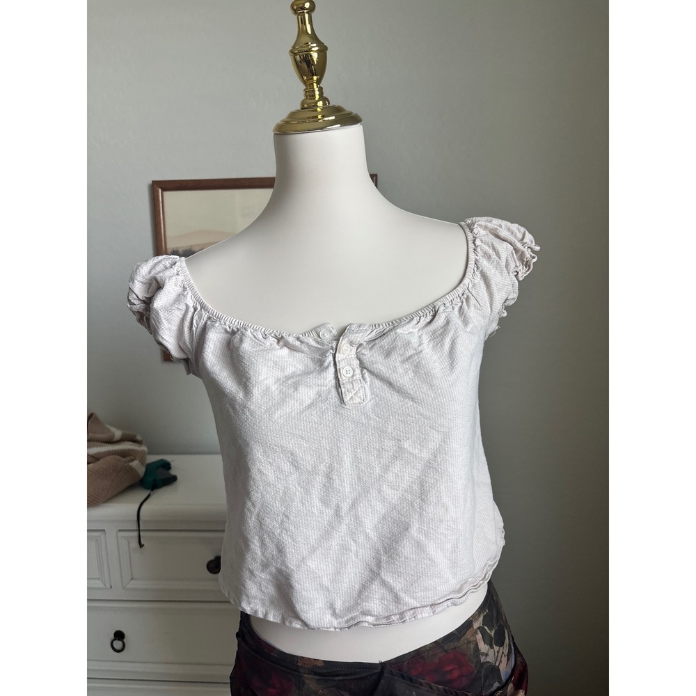 John Galt Pinstripe Henley Crop Top Off Shoulder Milkmaid Beige Brandy Melville